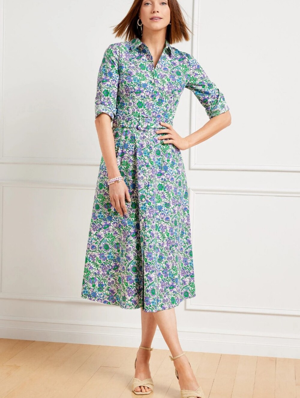 Talbot's Fit & Flare Poplin Shirt dress - Spring Fleur Blue And Green Size 16P